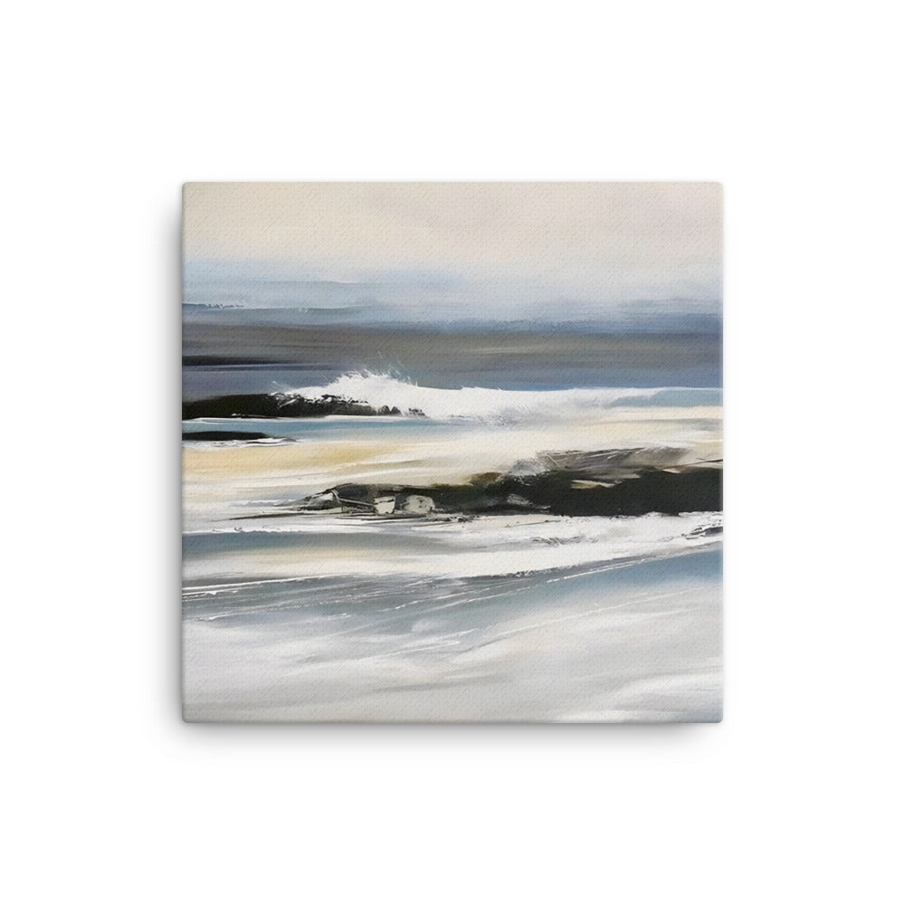 Canvas print of Ocean Waves Crashing on Rocks with serene coastal view, perfect for home decor.