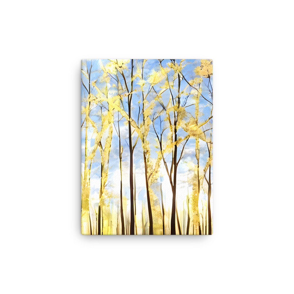 Golden Forest Canvas Print with serene golden trees and blue sky, featuring high-quality vivid colors and sharp details for home or office decor.