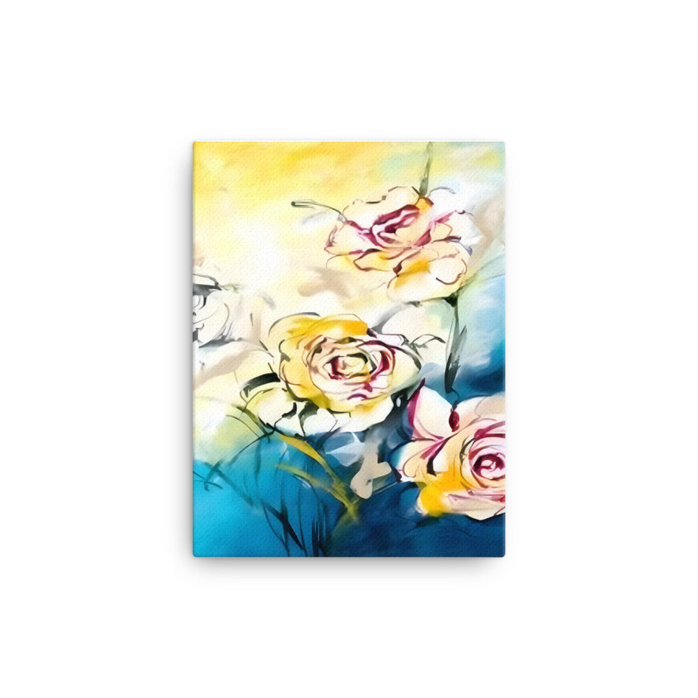 Colorful Trio canvas featuring vibrant flowers with a pencil-like technique against a blue, white, and yellow background.