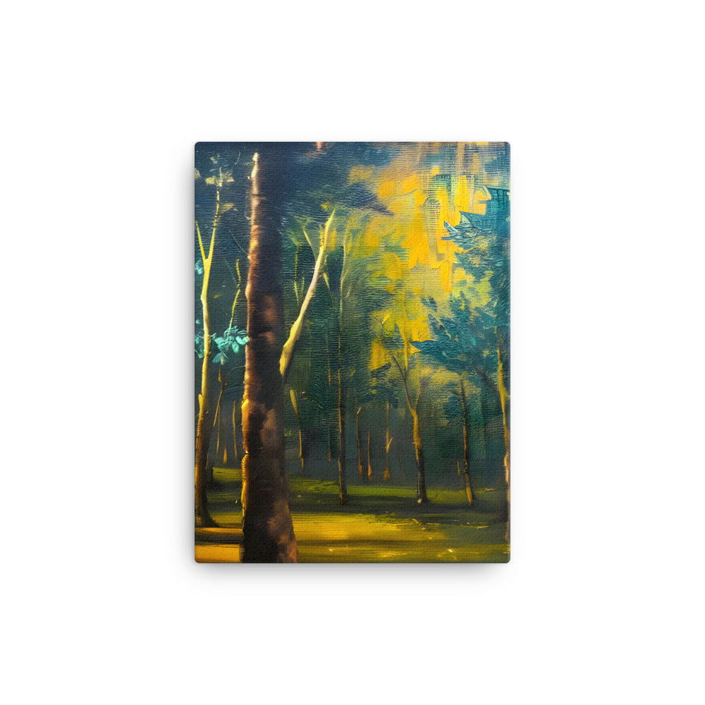 Serene Green Forest canvas print with vibrant green, yellow, orange hues, creating a tranquil nature wall art piece.