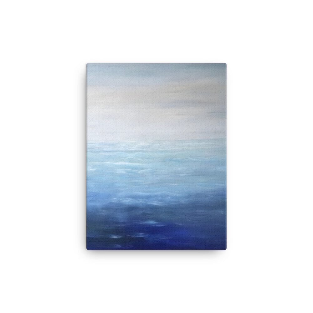 Finding Peace with the Ocean canvas print, serene ocean view in blue and white, oil painting with textured brushstrokes for home decor