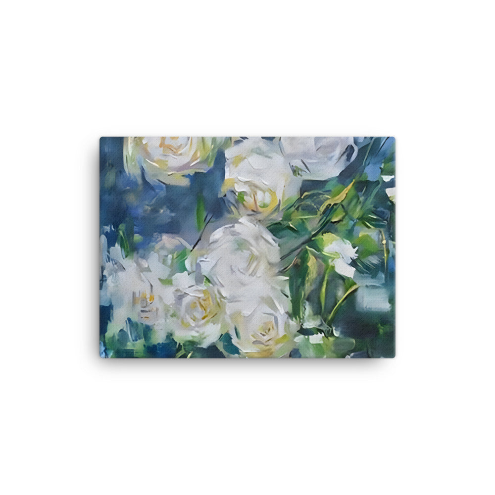 Light in Spines canvas print featuring white roses with blue and green background, perfect for adding tranquility to any room.