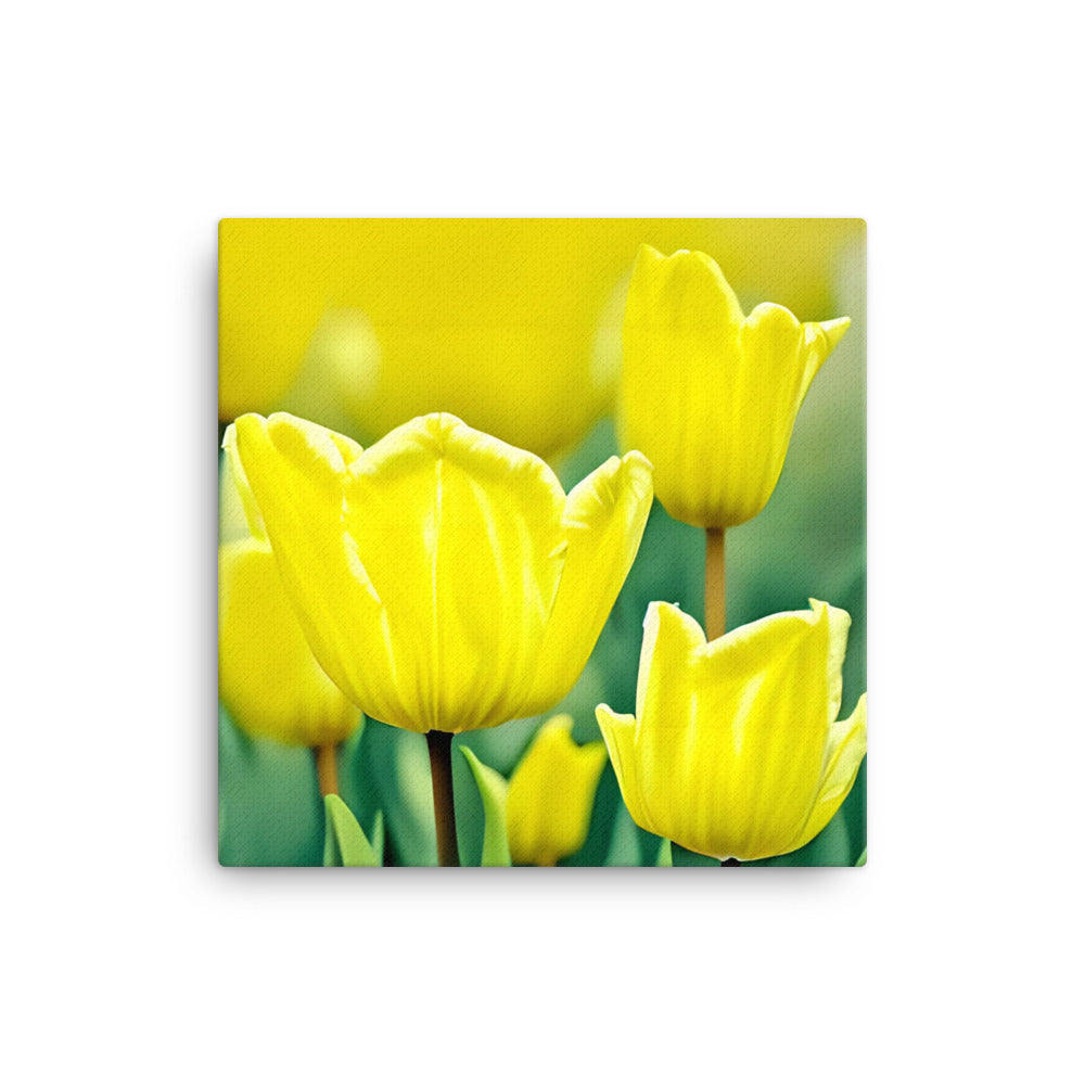 Canvas print of yellow tulips titled Sunny Garden Blooms with vibrant petals and green leaves for home and office decor.