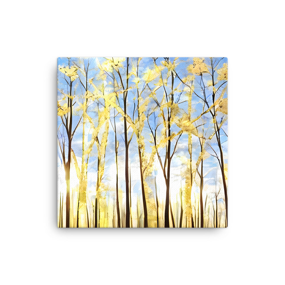 Golden Forest Canvas Print with birds and blue sky, tranquil wall art for home or office decor