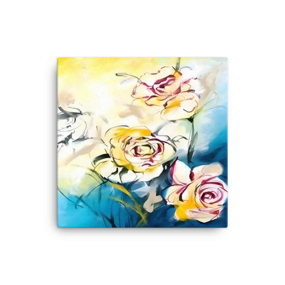 Colorful Trio canvas wall art with red, white, and yellow flowers on a blue, white, and yellow background.