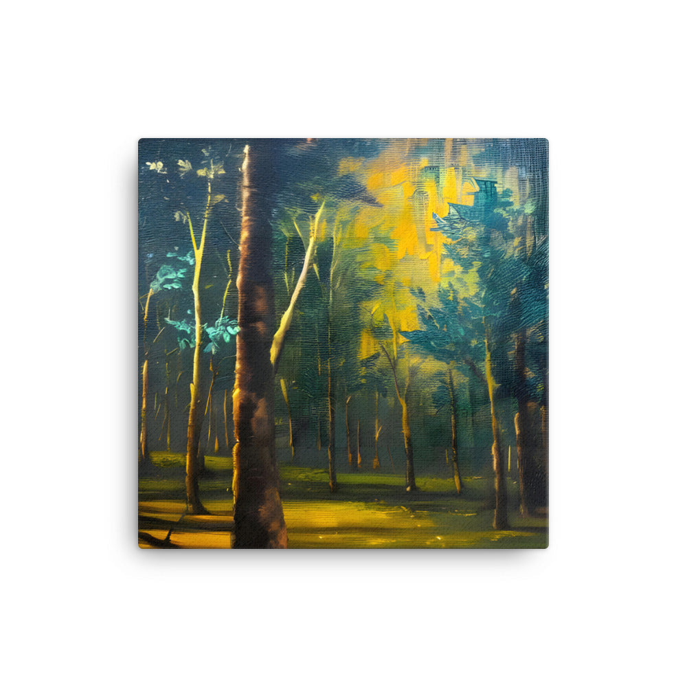 Serene Green Forest canvas print with vibrant green, yellow, orange, black, and blue hues, ideal nature decor for a tranquil oasis.