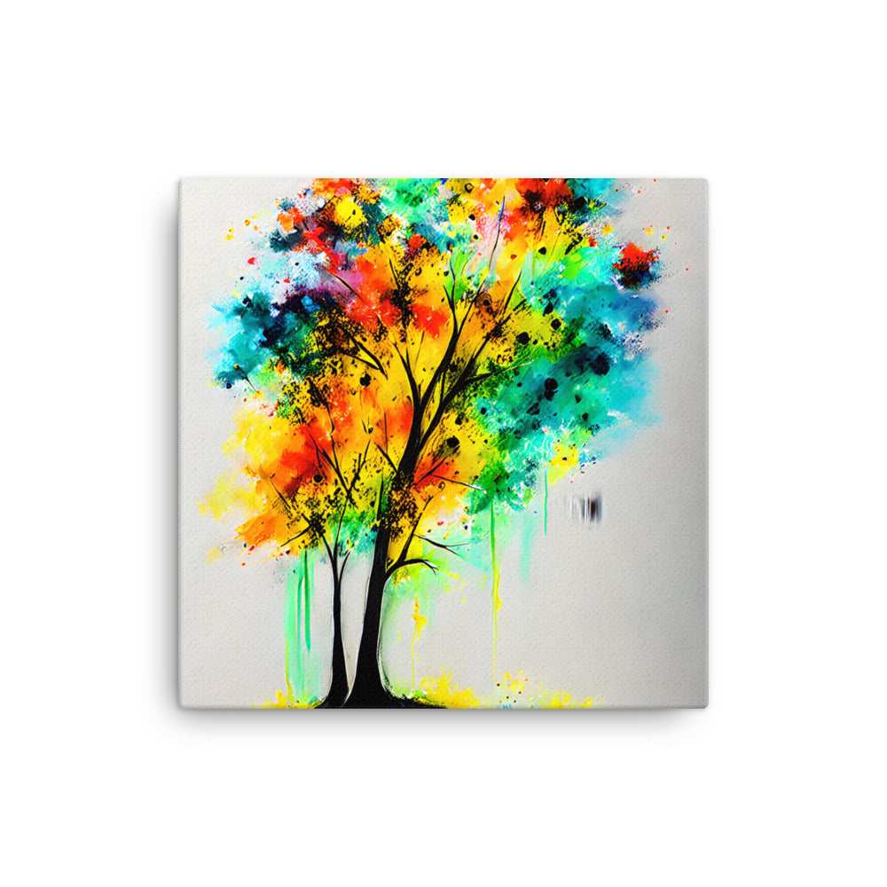Rainbow Tree of Life Canvas Print with vibrant colors on a high-quality stretched canvas. Multicolor tree with artistic brushstrokes.