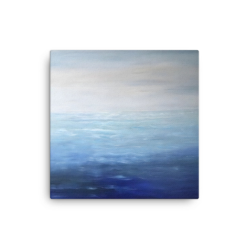 Oil painting canvas 'Finding Peace with the Ocean' featuring serene blue and white ocean view with textured brushstrokes.