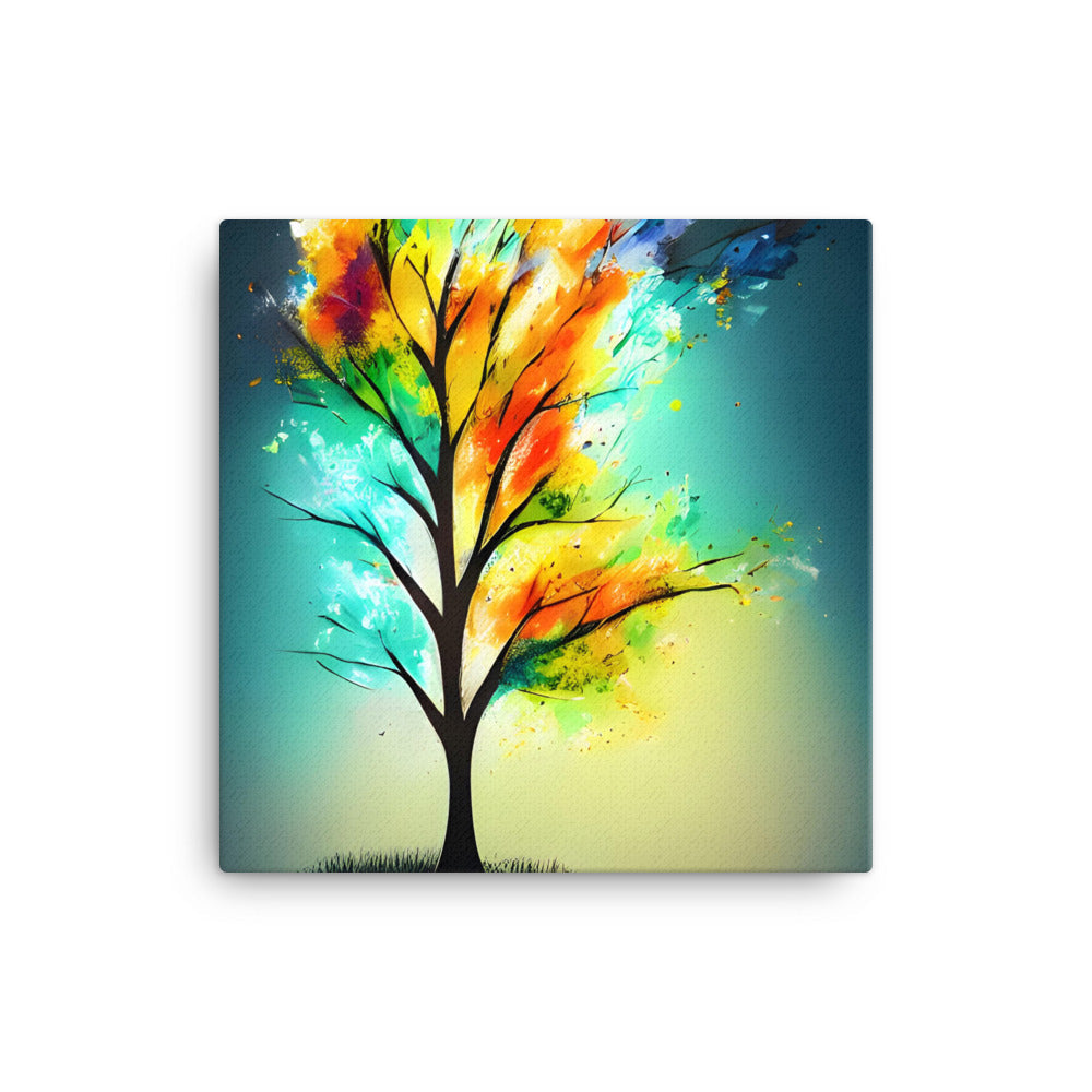 Magic Rainbow Tree Of Life canvas print with vibrant multicolor tree art, featuring yellows, oranges, greens, pink, red, purple, blues.