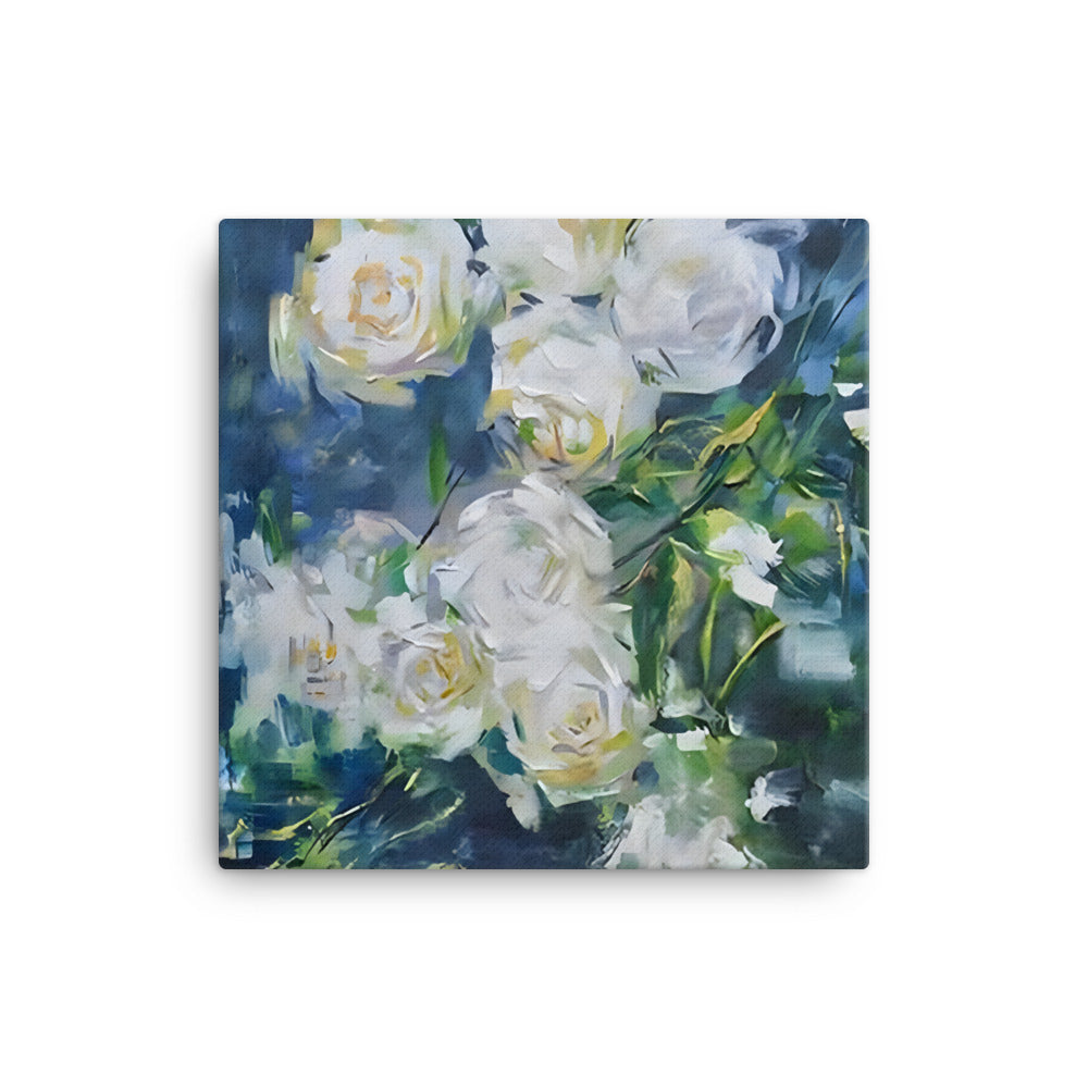 Light in Spines canvas print with white roses on blue-green background, textured oil painting for serene home decor.