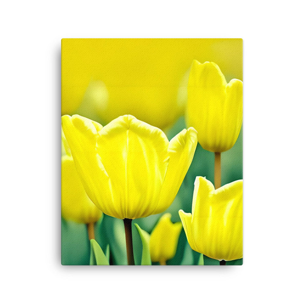 Sunny Garden Blooms print featuring vibrant yellow tulips with green leaves, perfect for home decor and adding a touch of springtime.