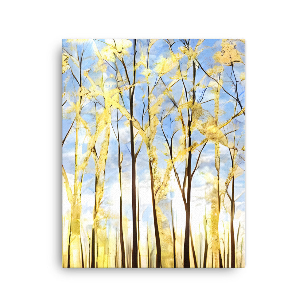Golden Forest Canvas Print with serene golden trees, blue sky, and birds, perfect for home or office decor