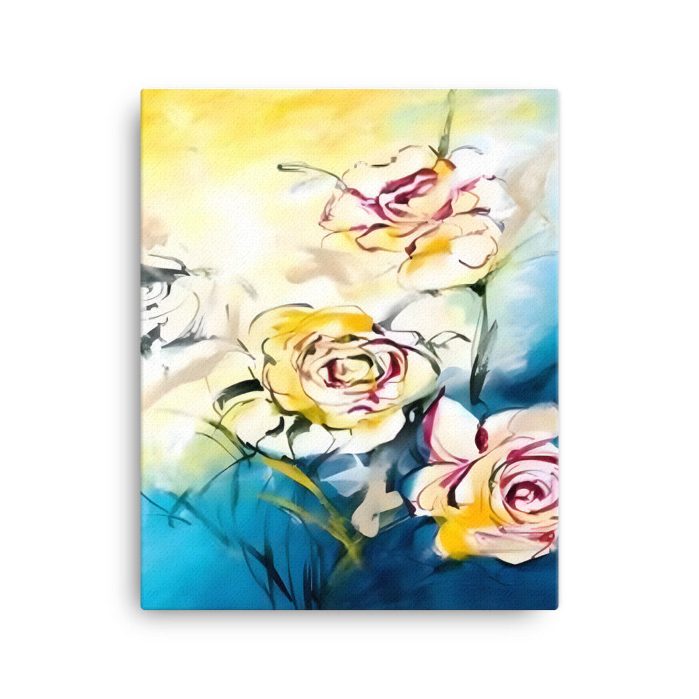 Colorful Trio wall art with white, red, yellow flowers on a blue, white, yellow background, created with pencil-like technique.