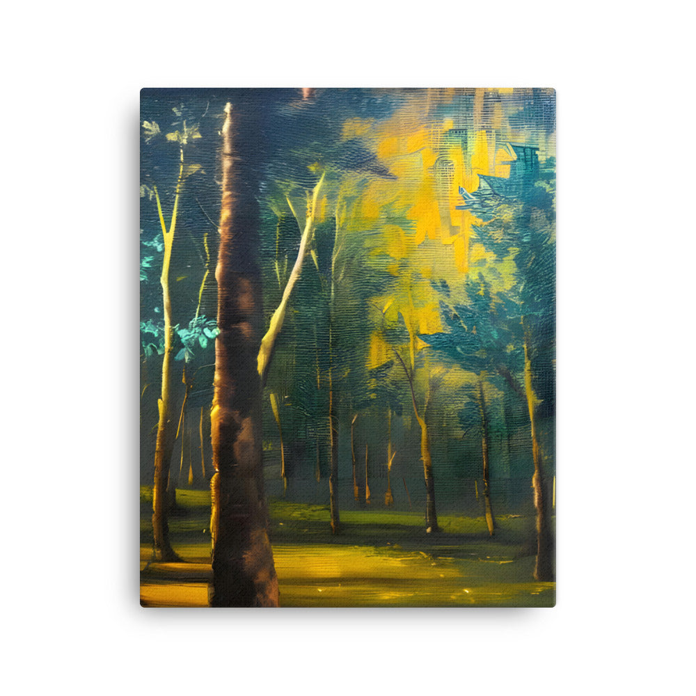 Serene Green Forest canvas print featuring vibrant shades of green, yellow, and blue with subtle brushstrokes, perfect for nature decor.