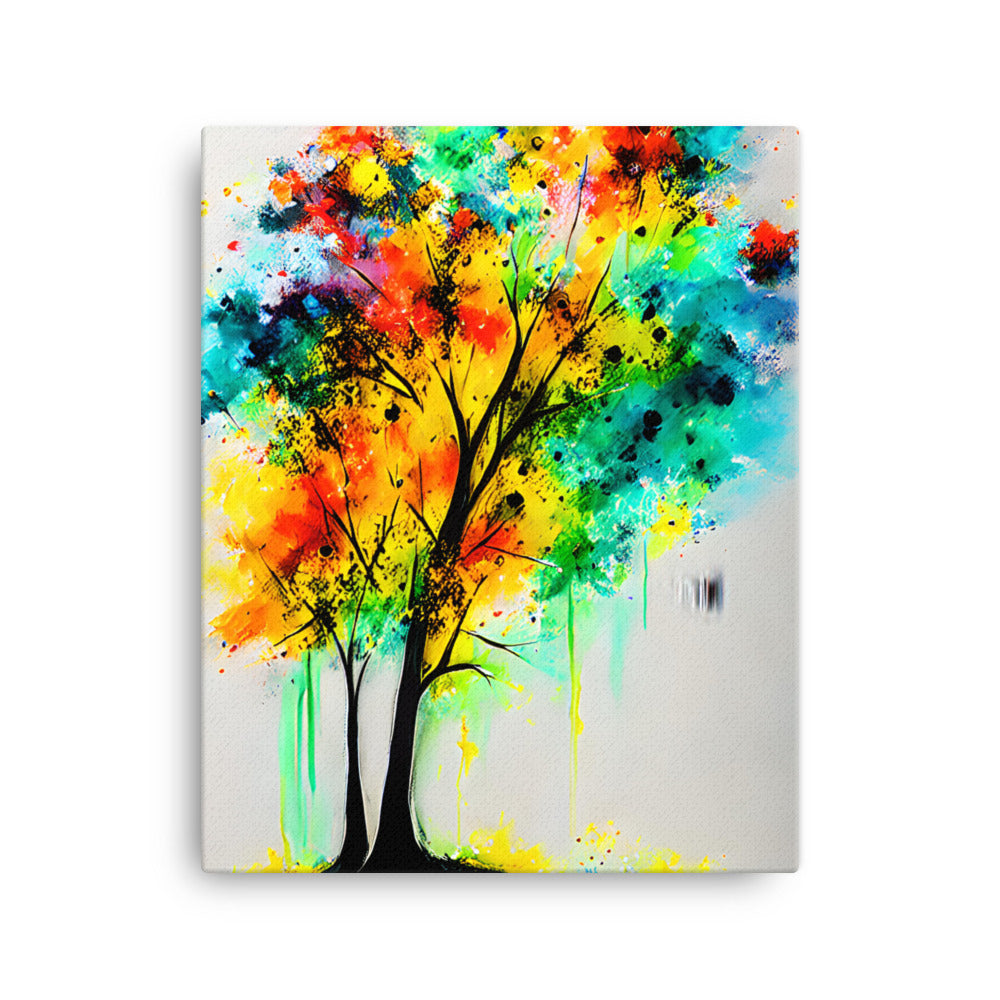 Rainbow Tree of Life canvas print with vibrant multicolor oil painting, featuring yellow, orange, green, black, pink, red, purple, blue hues.