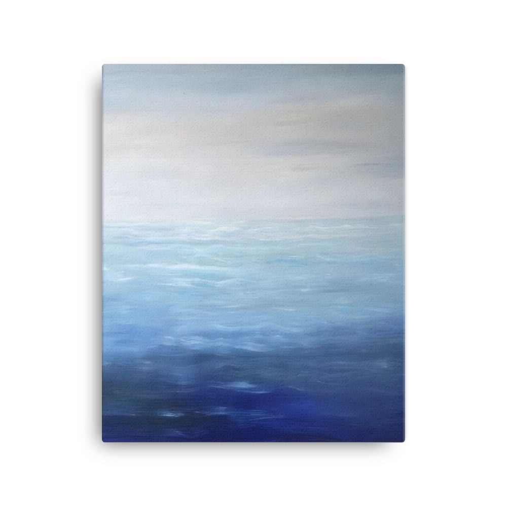 Finding Peace with the Ocean canvas print featuring serene blue and white ocean view painting with subtle brushstrokes.
