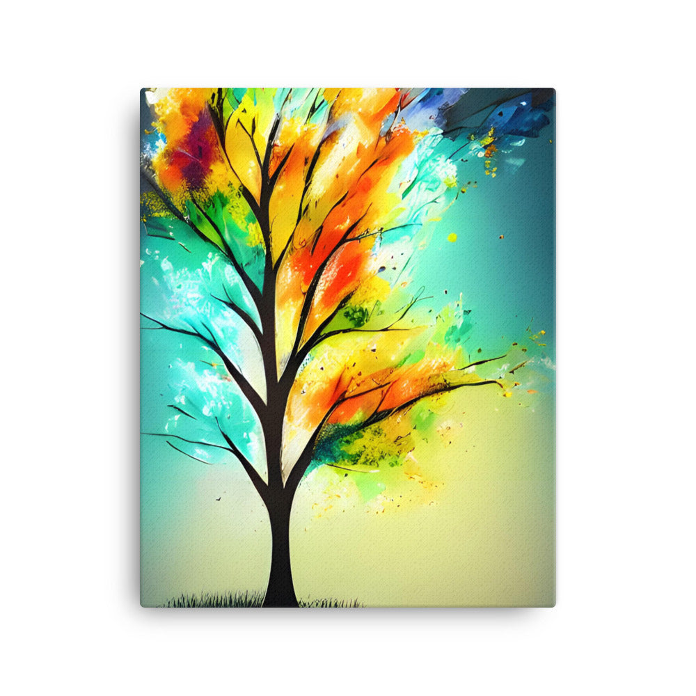 Magic Rainbow Tree Of Life canvas print with multicolor branches and yellow, orange, green, pink, red, purple, and blue hues.
