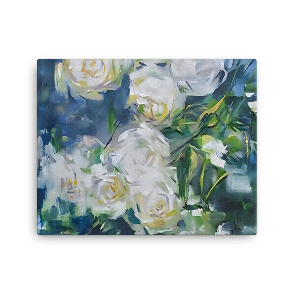 Light in Spines canvas print with ten white roses on blue and green background, adding a tranquil touch to home decor.