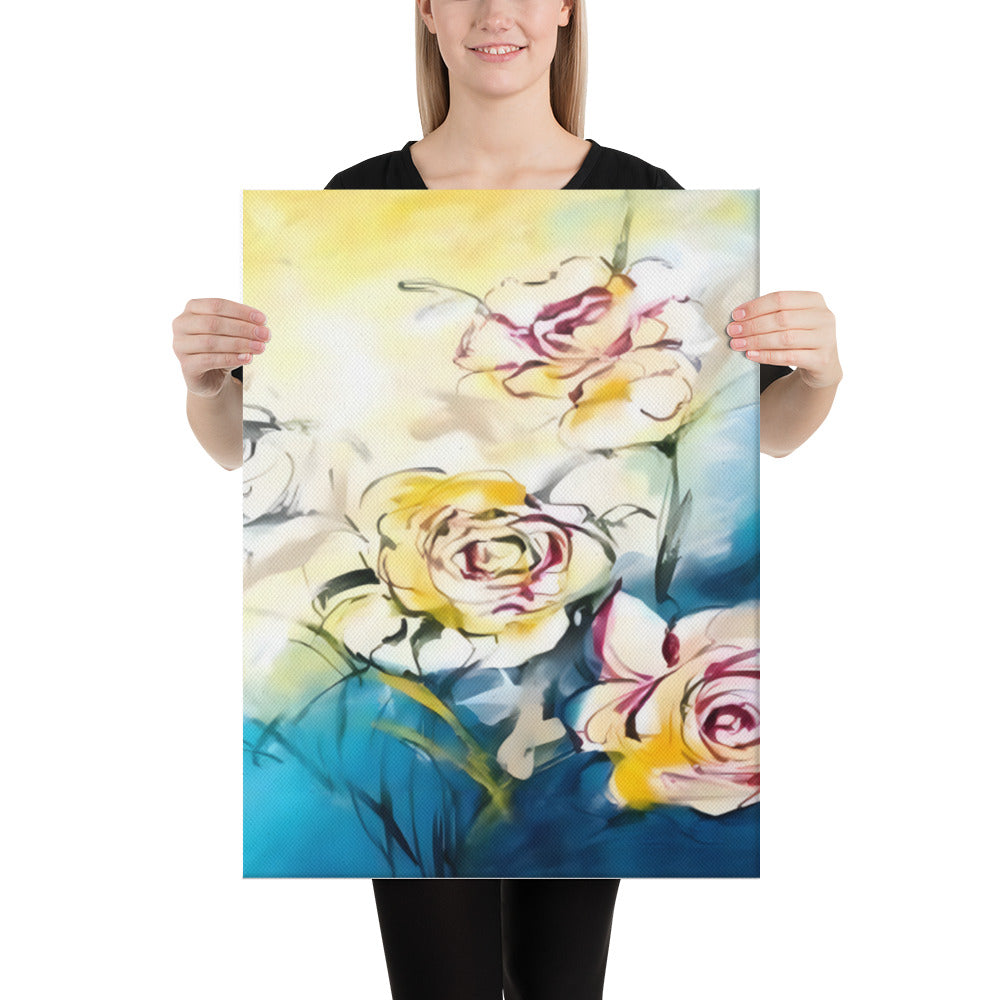 Colorful Trio canvas print with vibrant flowers in white, red, and yellow on a blue, white, and yellow background, held by a person.