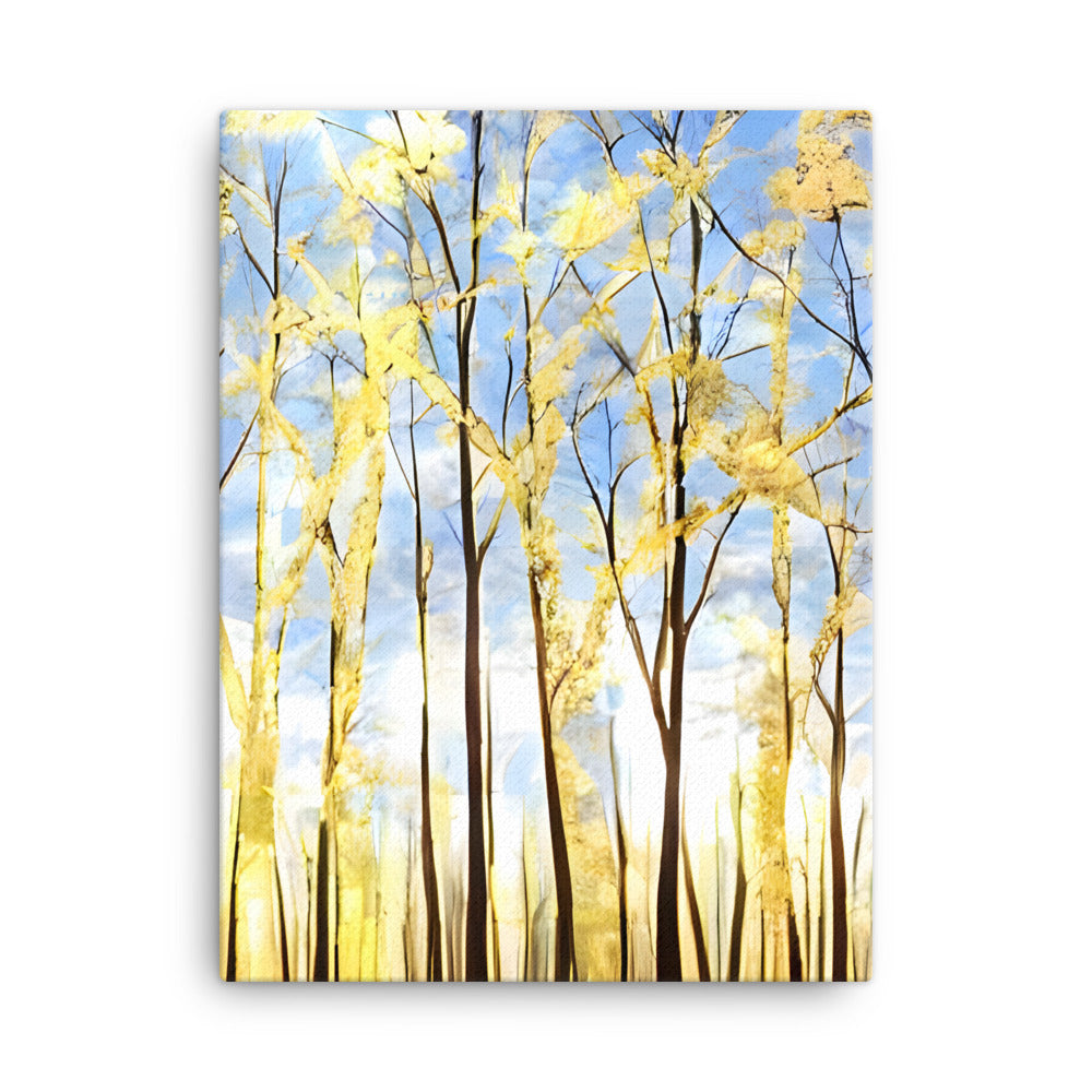 Golden Forest canvas print with serene golden trees, blue sky, and birds. High-quality wall art for home or office decor.