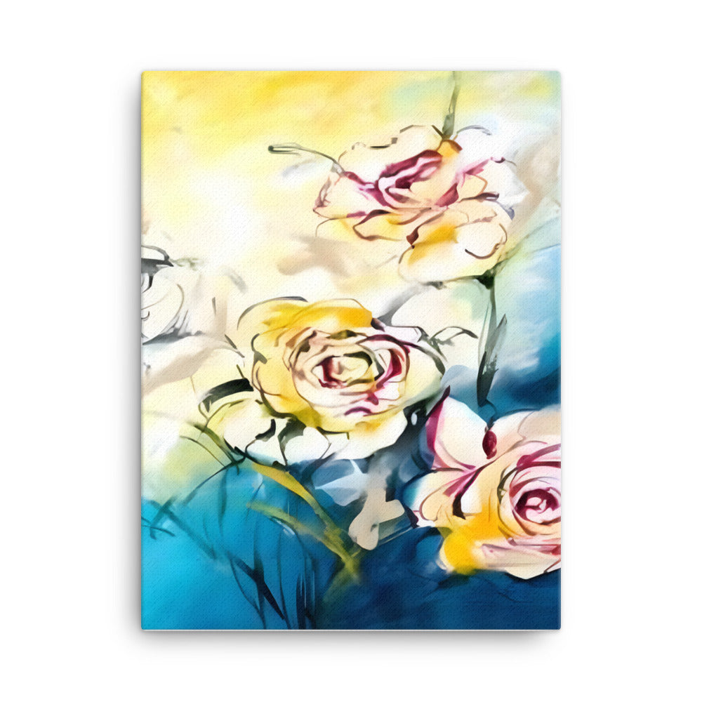Colorful Trio canvas print with white, red, and yellow flowers on a blue, white, and yellow background, elegant wall art piece.