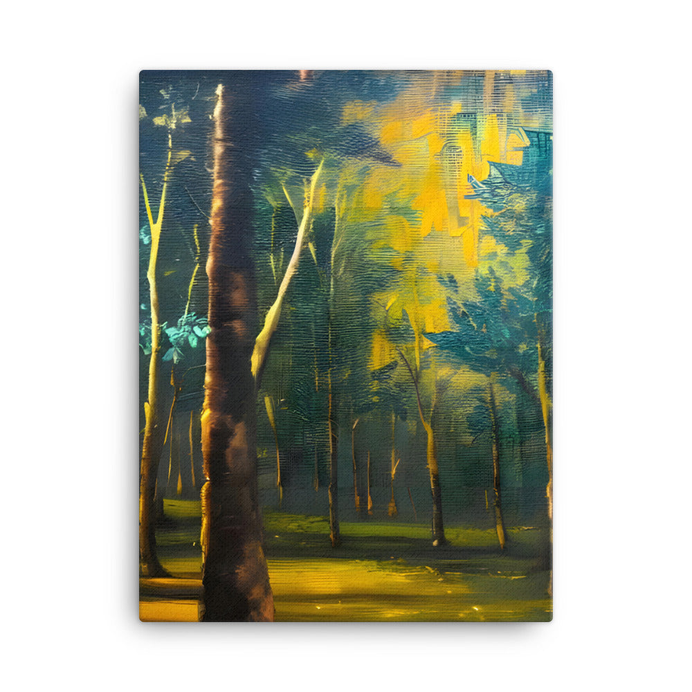 Serene Green Forest canvas print featuring vibrant shades of green, yellow, and blue with detailed brushstrokes.