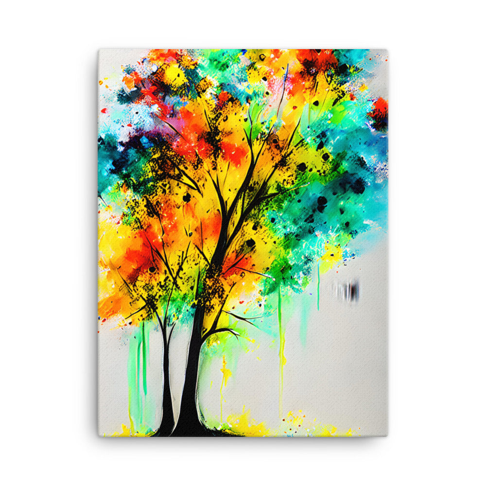 Rainbow Tree of Life canvas print with vibrant multicolored leaves and unique brushstrokes adding texture and depth.
