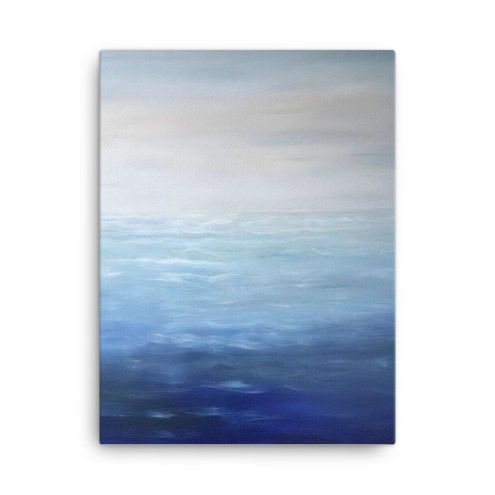 Finding Peace with the Ocean canvas print showcasing a serene blue and white ocean view oil painting with textured brushstrokes.