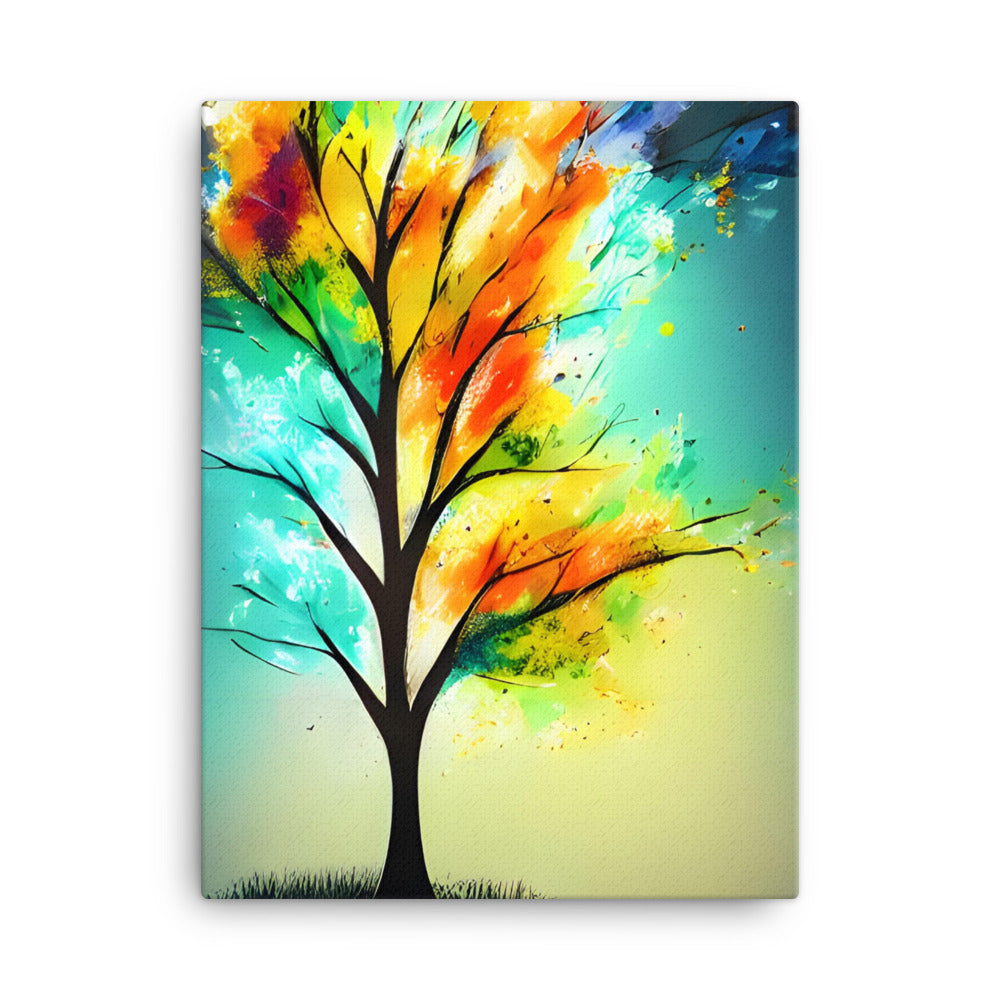 Magic Rainbow Tree Of Life canvas print with vibrant multicolored branches in yellow, orange, green, pink, red, purple, blue hues.