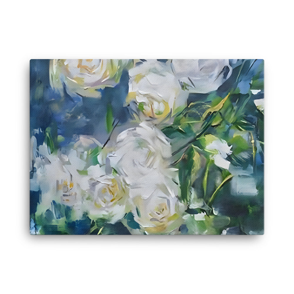 Light in Spines canvas print with white roses, blue and green background, adding serene touch to home decor.