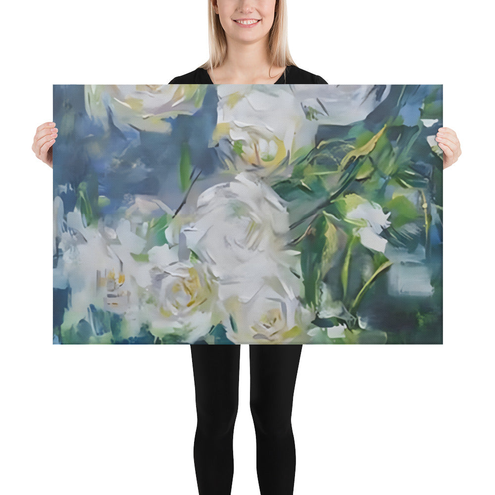 Light in Spines canvas print with white roses and blue, green hues, held by a person, bringing serene nature to home decor.