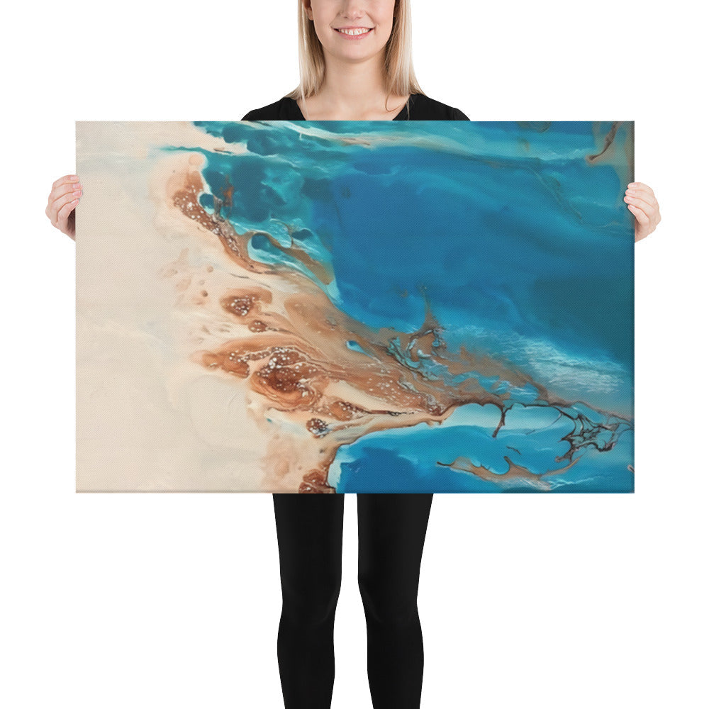Person holding a Los Roques canvas print depicting the archipelago's crystal blue waters and serene atmosphere.