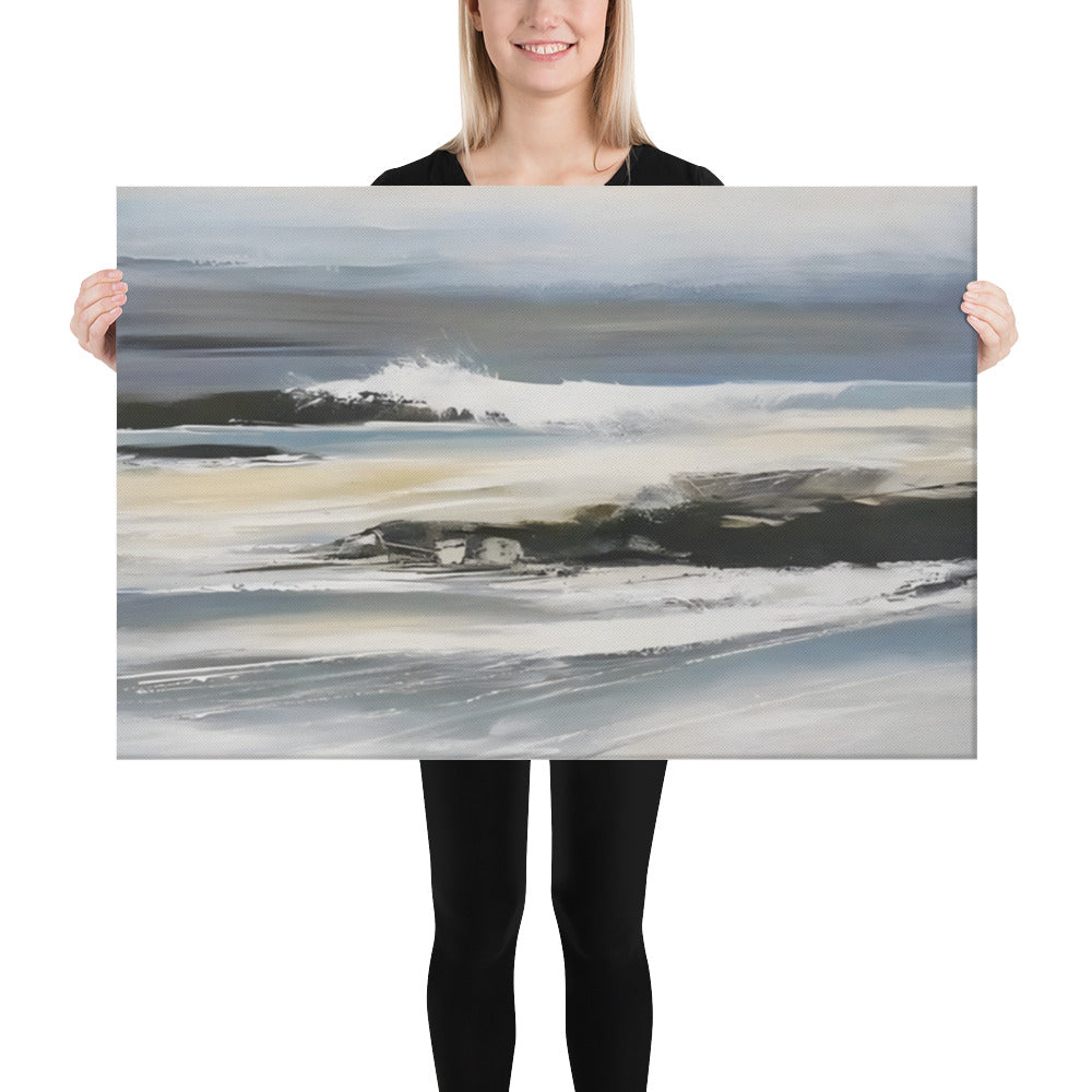 Canvas print of Ocean Waves Crashing on Rocks held by woman, depicting serene coastal scene with waves and rocks, perfect for home decor.