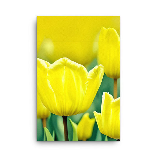 Sunny Garden Blooms canvas print featuring vibrant yellow flowers with green leaves, perfect for brightening up any space.