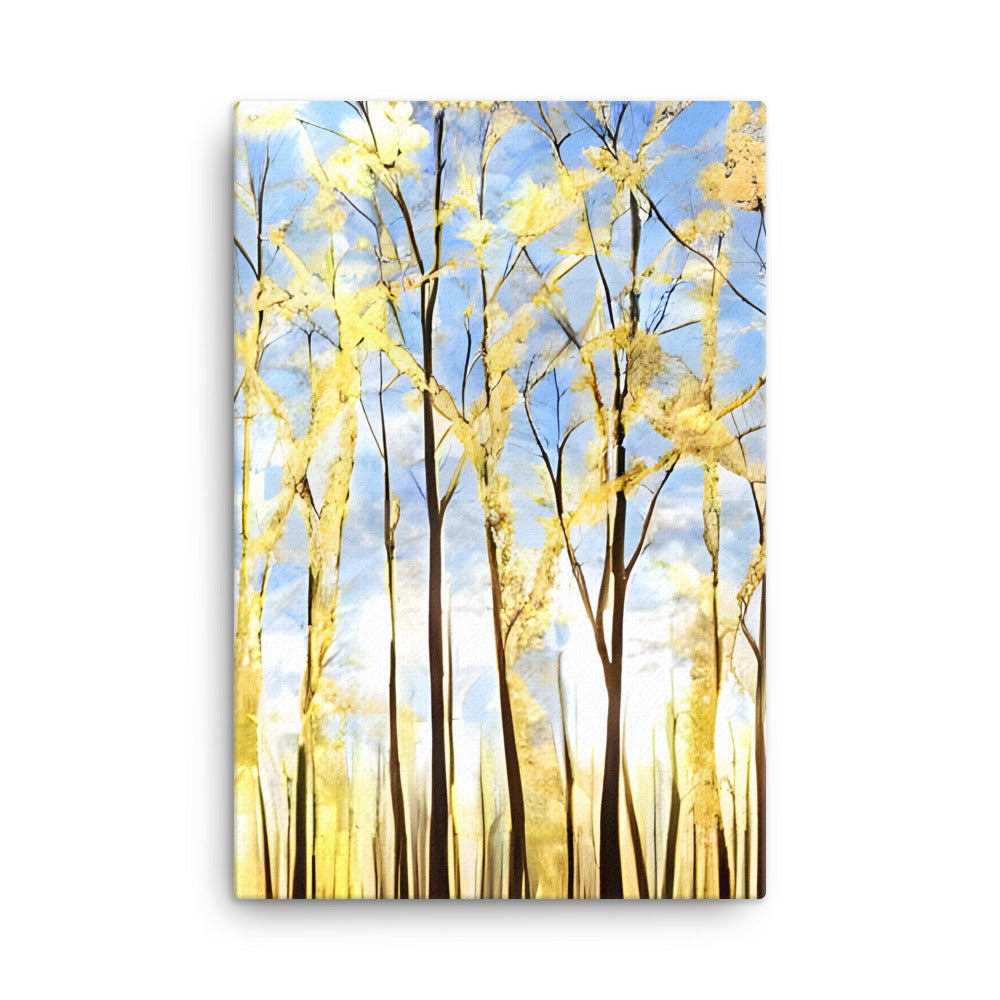 Golden Forest canvas print features serene golden trees and blue sky with birds, ideal for home or office wall art.