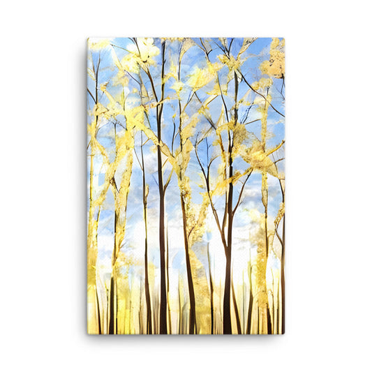 Golden Forest canvas print features serene golden trees and blue sky with birds, ideal for home or office wall art.