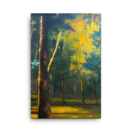 Serene Green Forest canvas print with vibrant shades of green, yellow, and blue brushstrokes, nature landscape wall art.