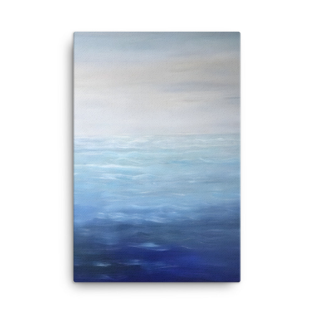 Finding Peace with the Ocean canvas print featuring a serene blue and white ocean view oil painting with textured brushstrokes.