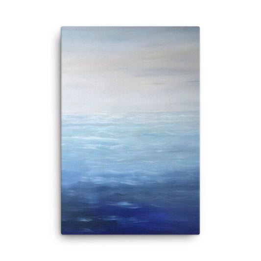 Finding Peace with the Ocean canvas print featuring a serene blue and white ocean view oil painting with textured brushstrokes.