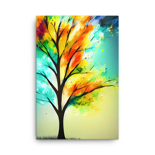 Magic Rainbow Tree Of Life canvas print with multicolor vibrant tree, featuring yellows, oranges, greens, black, pink, and blues.