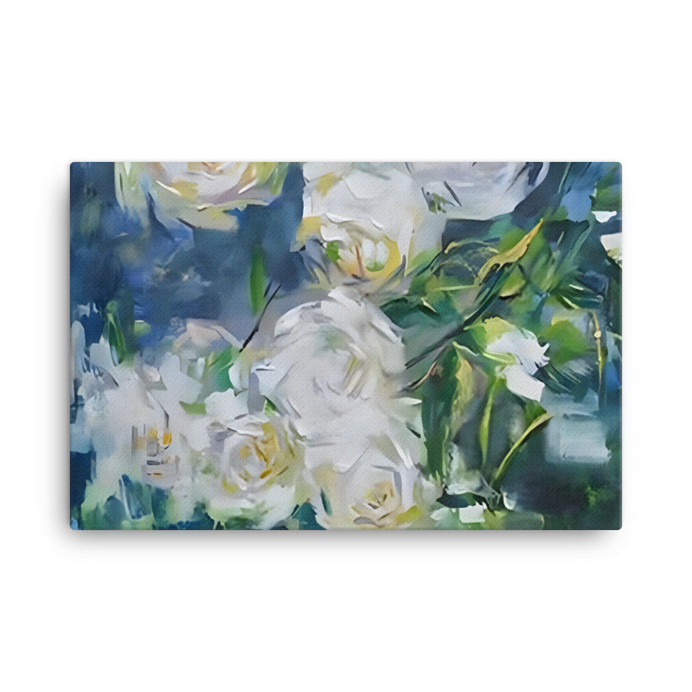 Light in Spines canvas print with white roses, blue, green, and yellow background, oil painting creating a tranquil atmosphere.
