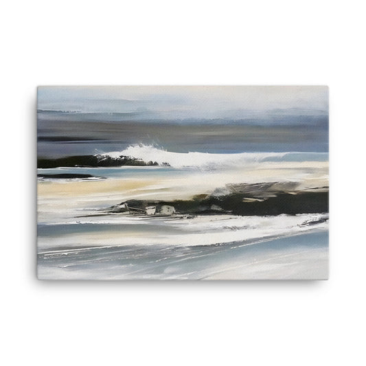 Canvas print of Ocean Waves Crashing on Rocks, showcasing a serene seascape with dynamic waves against a rocky shore.