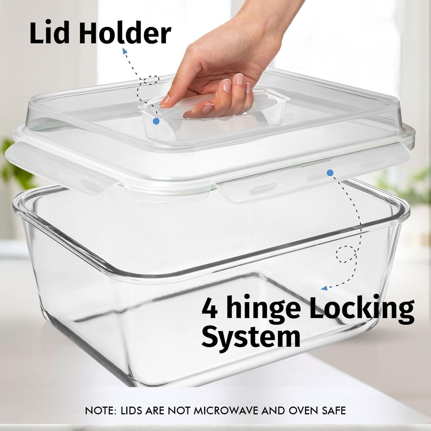 6500 ML / 220 Oz / 28 Cup LARGE Glass Food Storage Container with Airtight Locking Lid showcasing lid holder and locking system
