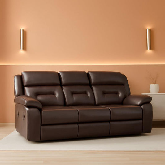 Three Seat Manual Reclining Sofa Dark Brown Faux Leather in modern living room