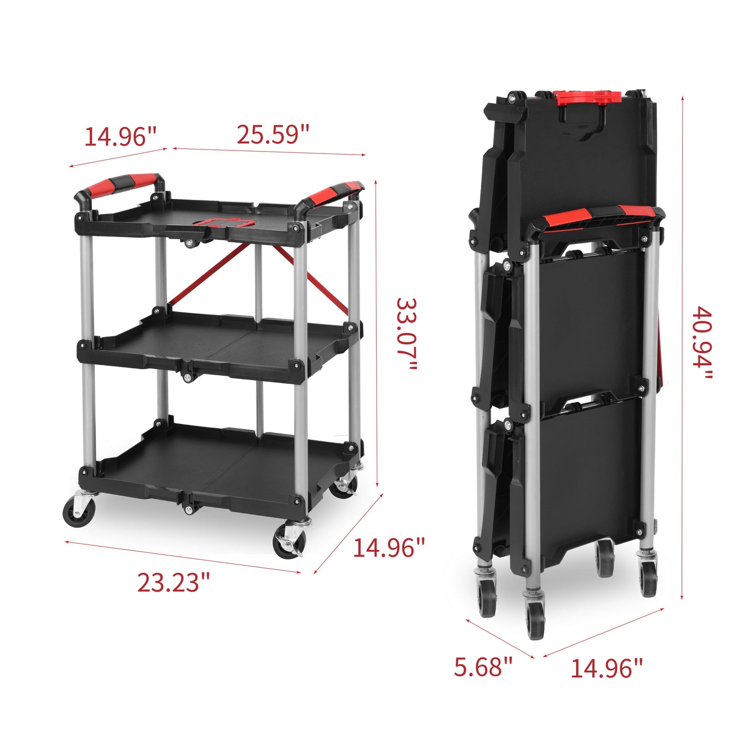Foldable Utility Service Cart,  3 Shelf Heavy Duty Plastic Rolling Cart with 360° Swivel Wheels (2 with Brakes), Ergonomic Handle, Portable Garage Tool Cart for Warehouse Office Home