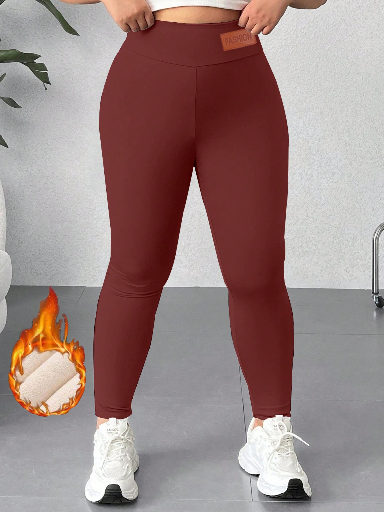 Women’s Plus Size Thermal Yoga Set | 4-Piece Activewear Outfit shown in red leggings for warmth and flexibility during workouts.