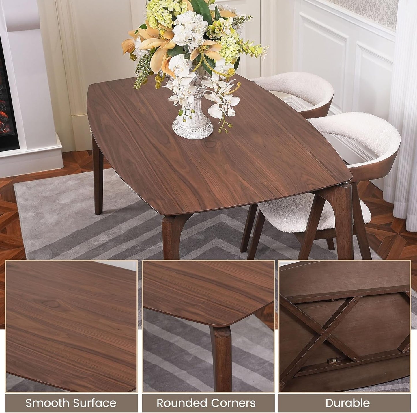 Contemporary Walnut Veneer Dining Table Set Chairs with smooth surface, rounded corners, and durable solid wood construction.
