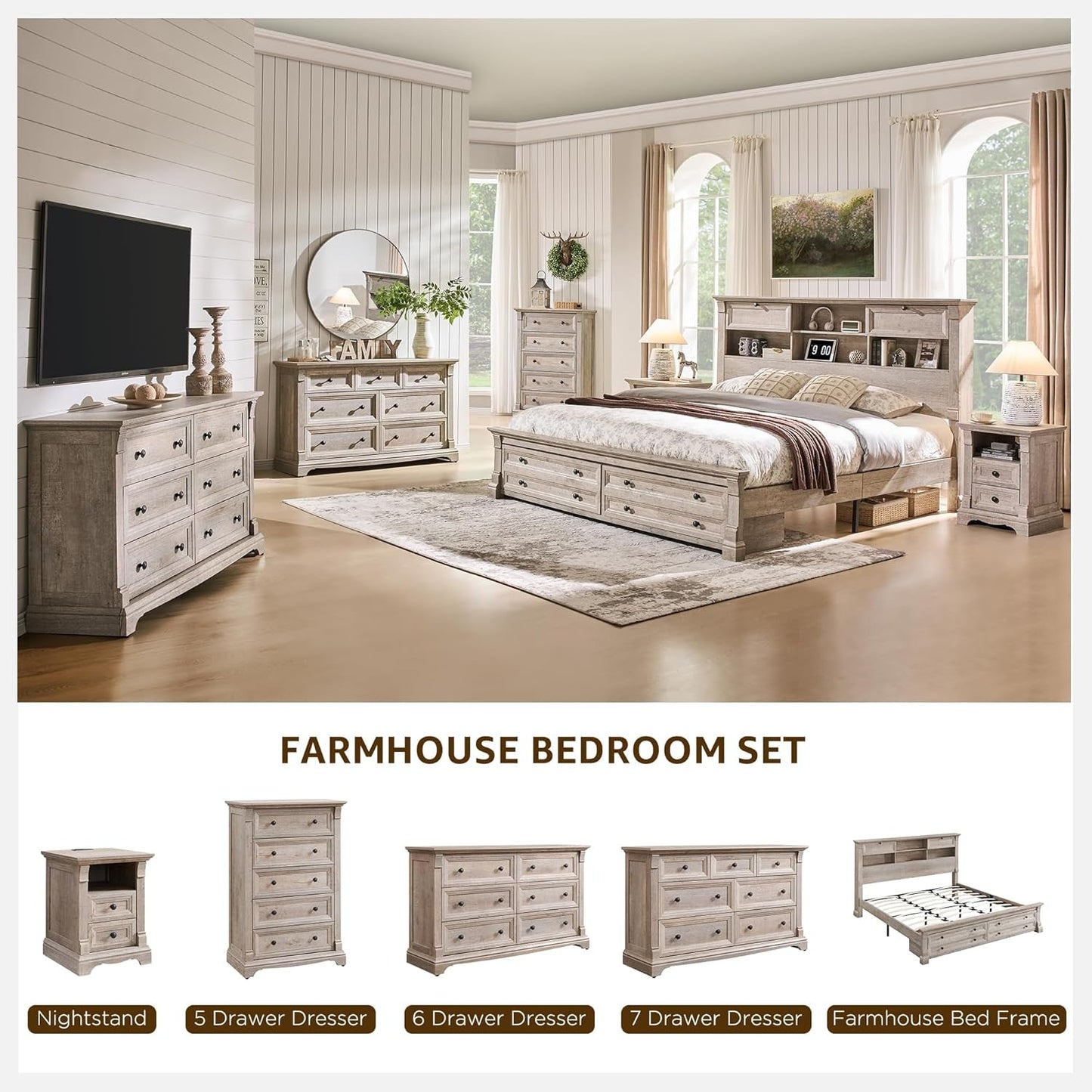 Farmhouse bedroom set with nightstand, various dressers, and a bed frame in a rustic design style, featuring a distressed oak finish.