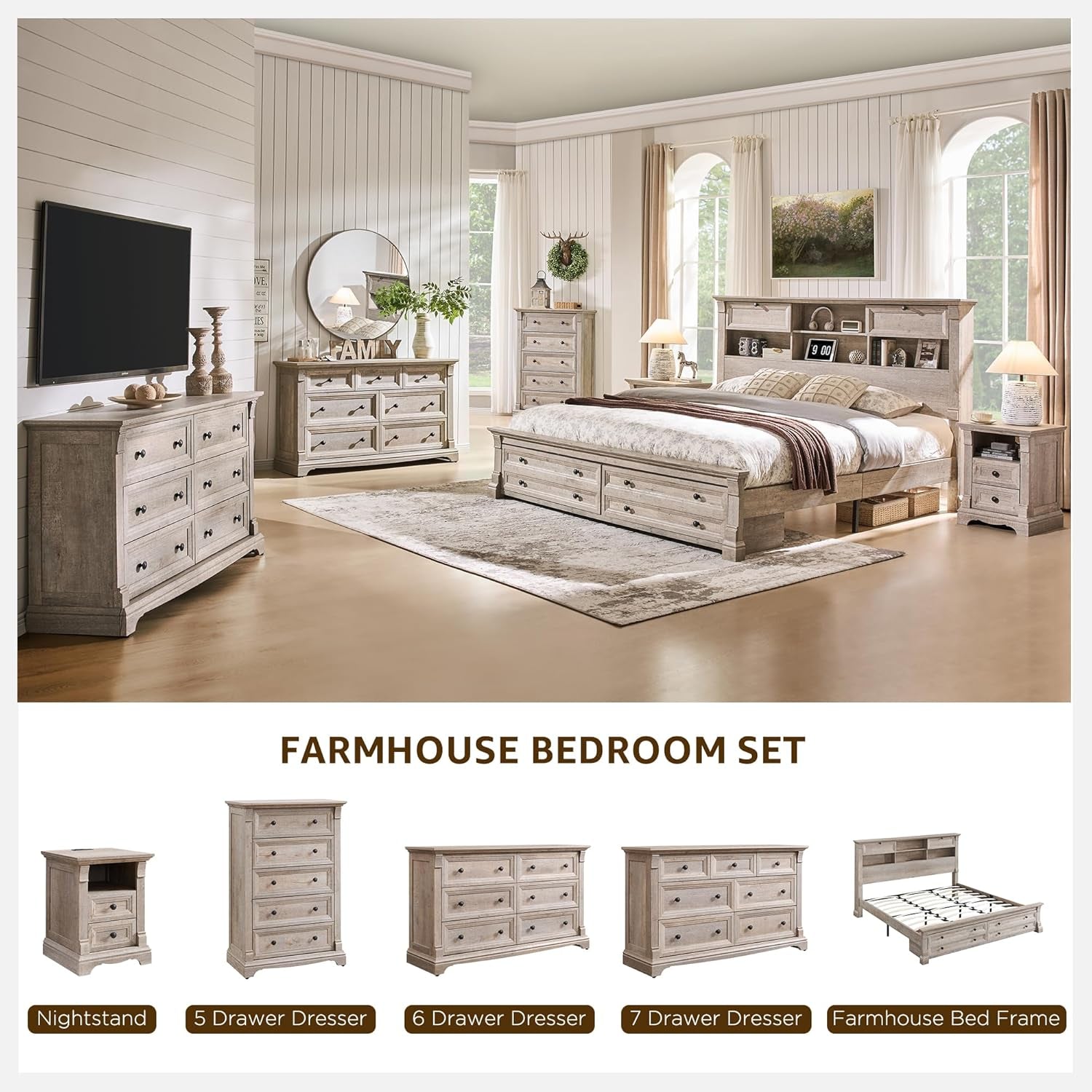 Farmhouse bedroom set with nightstand, various dressers, and a bed frame in a rustic design style, featuring a distressed oak finish.
