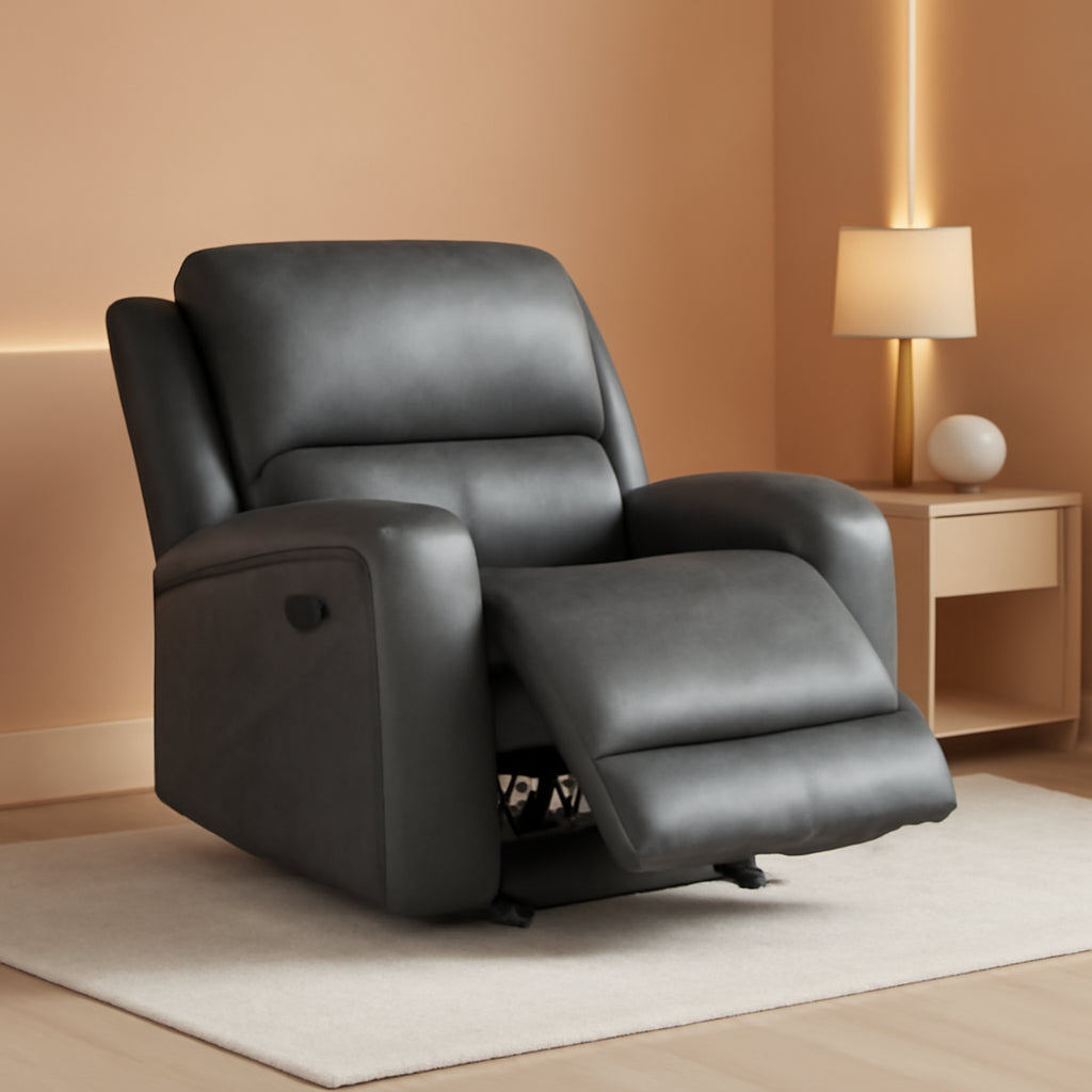 Grey Rocker Recliner Chair With Manual Recline Living Room showcasing its plush cushions and stylish design.